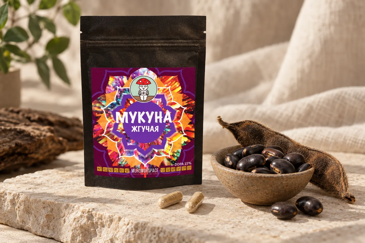 Упаковка мукуны жгучей на каменной плите рядом с капсулами, бобами и стручком